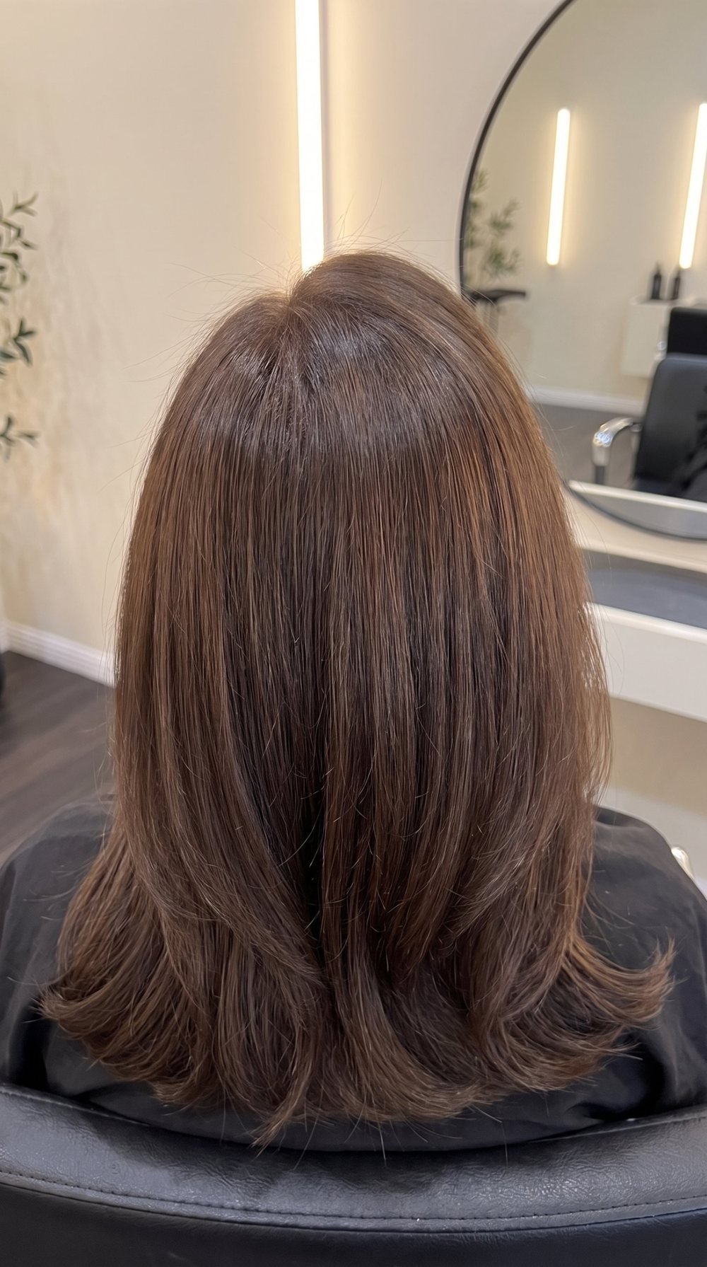 After: rich, even brunette with gray roots fully blended