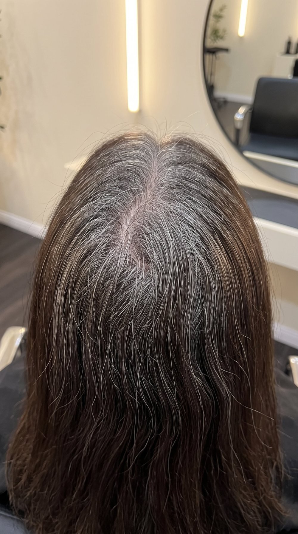 Before: brunette hair with visible gray regrowth at the part