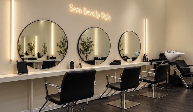 Sean Beverly Style salon interior with round mirrors and neon sign
